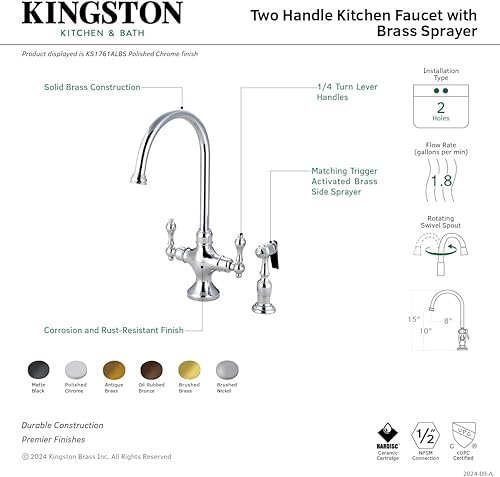 Miniatura 4 de Kingston Brass KS1761ALBS - Grifo de cocina clásico vintage con rociador de latón, 7-78 pulgadas, cromo pulido