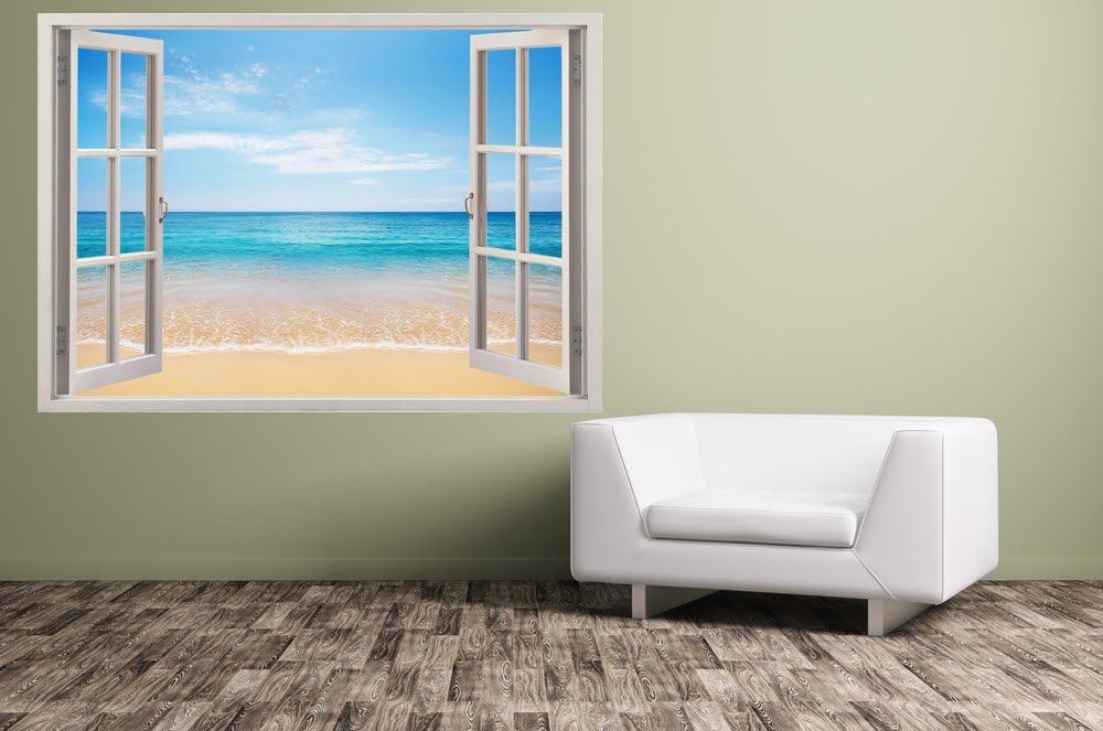 Realistic Window Wall Decal – Peel and Stick Nautical Decor for Living Room, Bedroom, Office, Playroom – Beach Wall Murals Removable Window Frame Style Ocean Wall Art – Vinyl Poster Wall Stickers