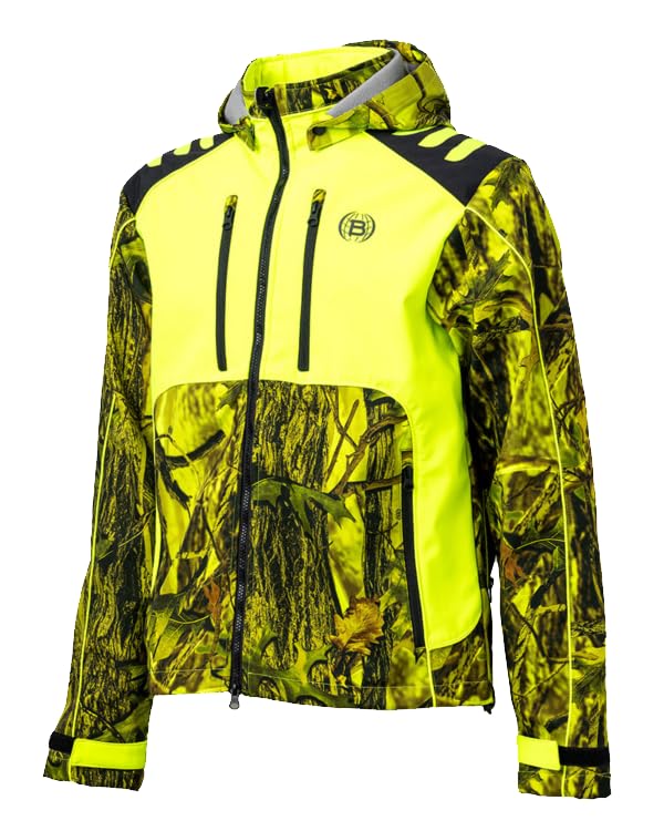 Giacca Tiger da Caccia Mimetica, Softshell Impermeabile con Cappuccio Removibile, Design a Due Tonalità,Verde Militare e Giallo Alta Visibilità
