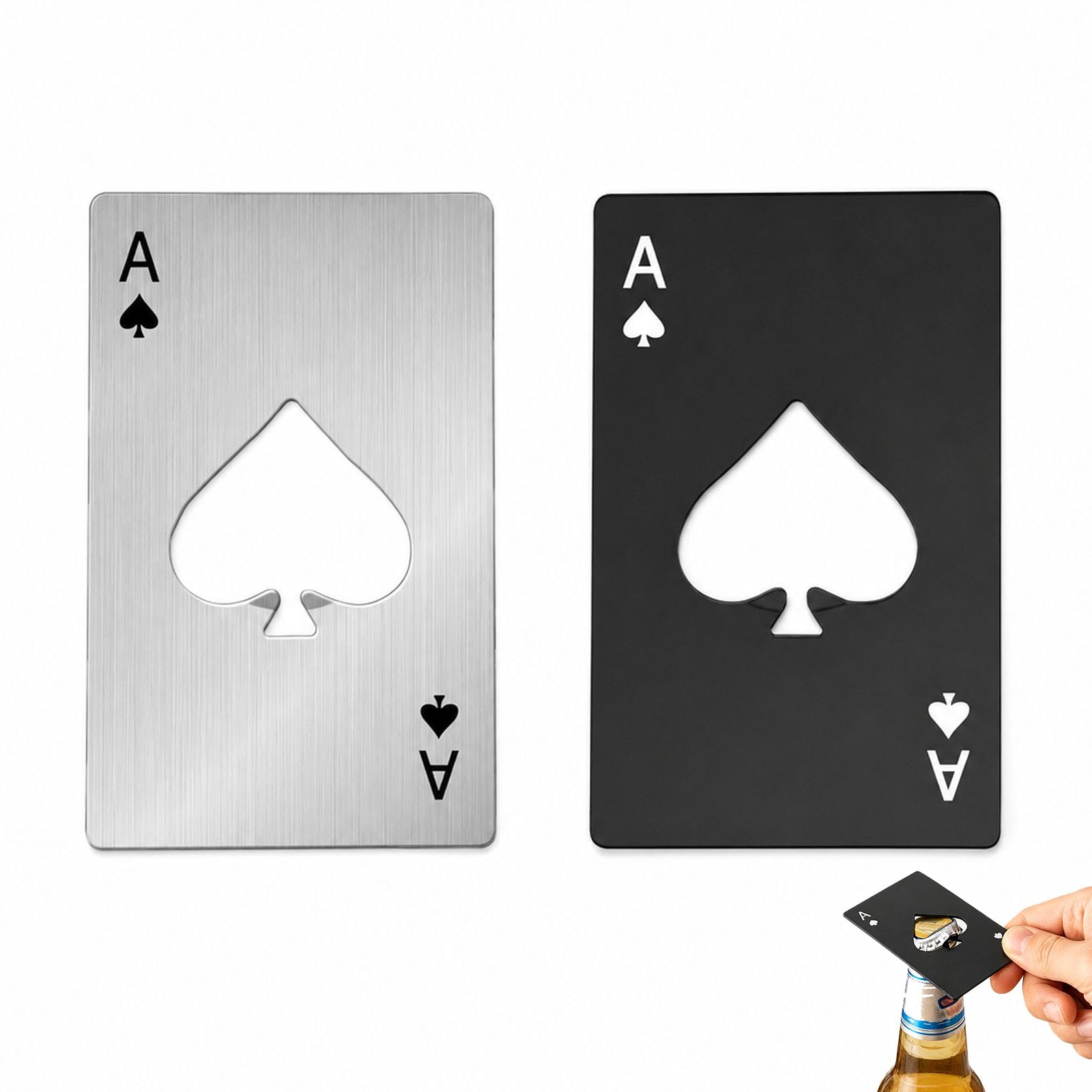 ApexPine 2Pcs Poker Card Bottle Opener, Creative Stainless Steel Playing Card Beer Opener, Credit Card Size fits Wallet, Portable Funny Gift for Home Bar Party (Black & Silver)