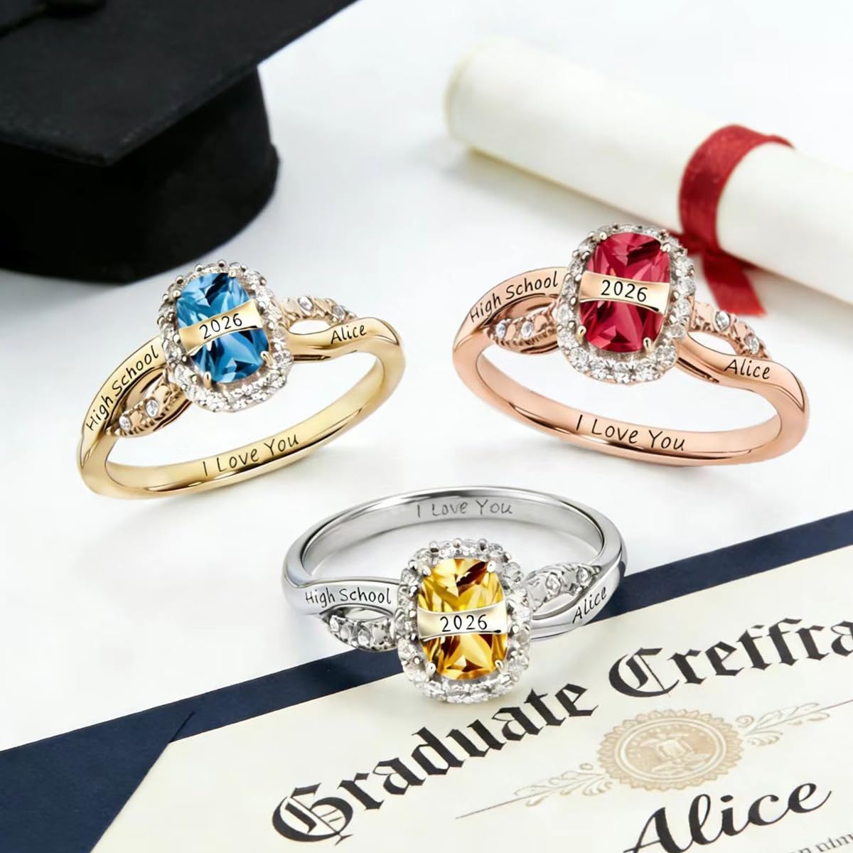 PhaedraOona Custom Class Rings - Personalized Women's Graduation Rings, Sterling Silver, Size 5-15, Cubic Zirconia Birthstone