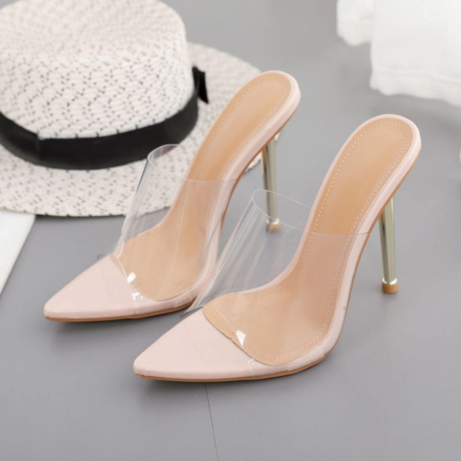 Pantofole da donna a punta in PVC trasparente pantofole da donna tacchi dorati scarpe da donna estive tacco in metallo per feste tacchi alti