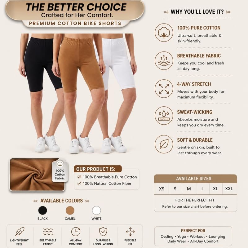 Image of Women's Cotton Lycra Cycling Shorts | 95% Cotton 5% Spandex | Stretchable Knee Length Tights for Gym, Yoga & Sports