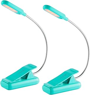 Clip On Rechargeable Reading Light, 7 LEDs with 3 Colortemperature 9 Brightness Levels Book Lights for Reading in Bed with Power Indicator for Bookworms (Blue 2-Pack)