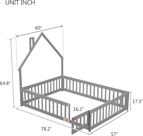 Wooden Toddler Floor Bed Frame,Full Size Montessori Bed Frame with Fence and Gate Door for Toddlers 1-3 Kids Girls Boys,House-Shaped Headboard (Grey, Full)