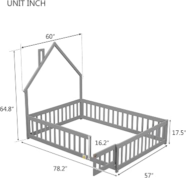 Wooden Toddler Floor Bed Frame,Full Size Montessori Bed Frame with Fence and Gate Door for Toddlers 1-3 Kids Girls Boys,House-Shaped Headboard (Grey, Full)