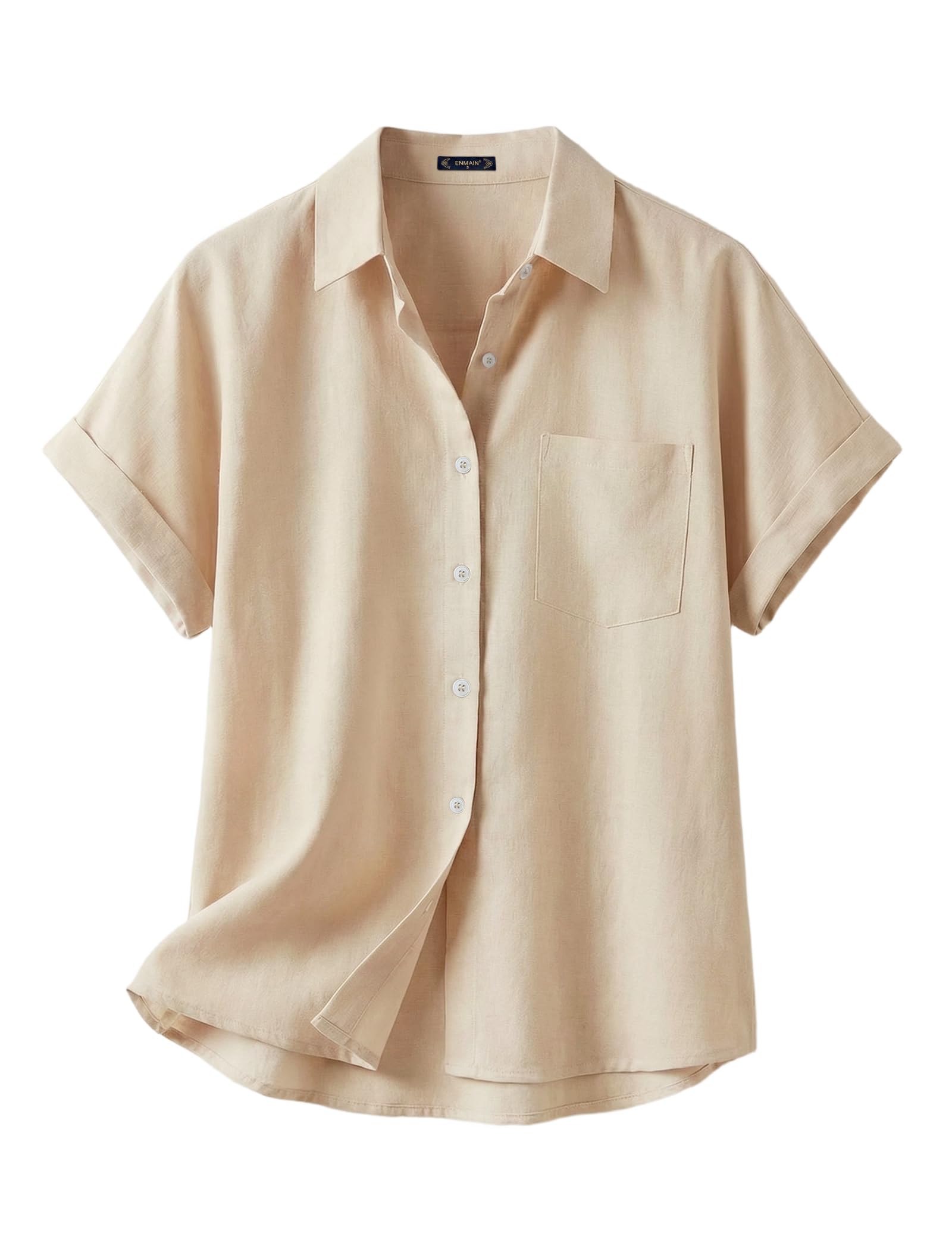 Enmain Camisa Lino Mujer Manga Corta Verano Camisas Blusa de Lino y Algodón de Botones Cuello en V Color Liso Casual Shirt Mujer Elegante Cómoda para Playa Trabajo