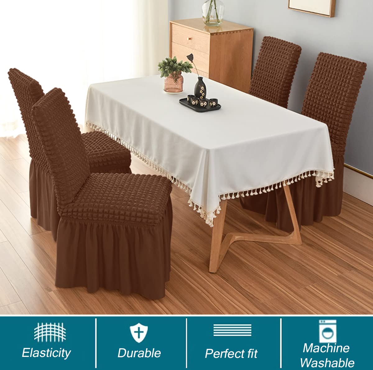 Funda de Silla Parsons en Seersucker Elegante con Falda Volante, Extensible Lavable para Ceremonias de Boda,Café,8 Piezas