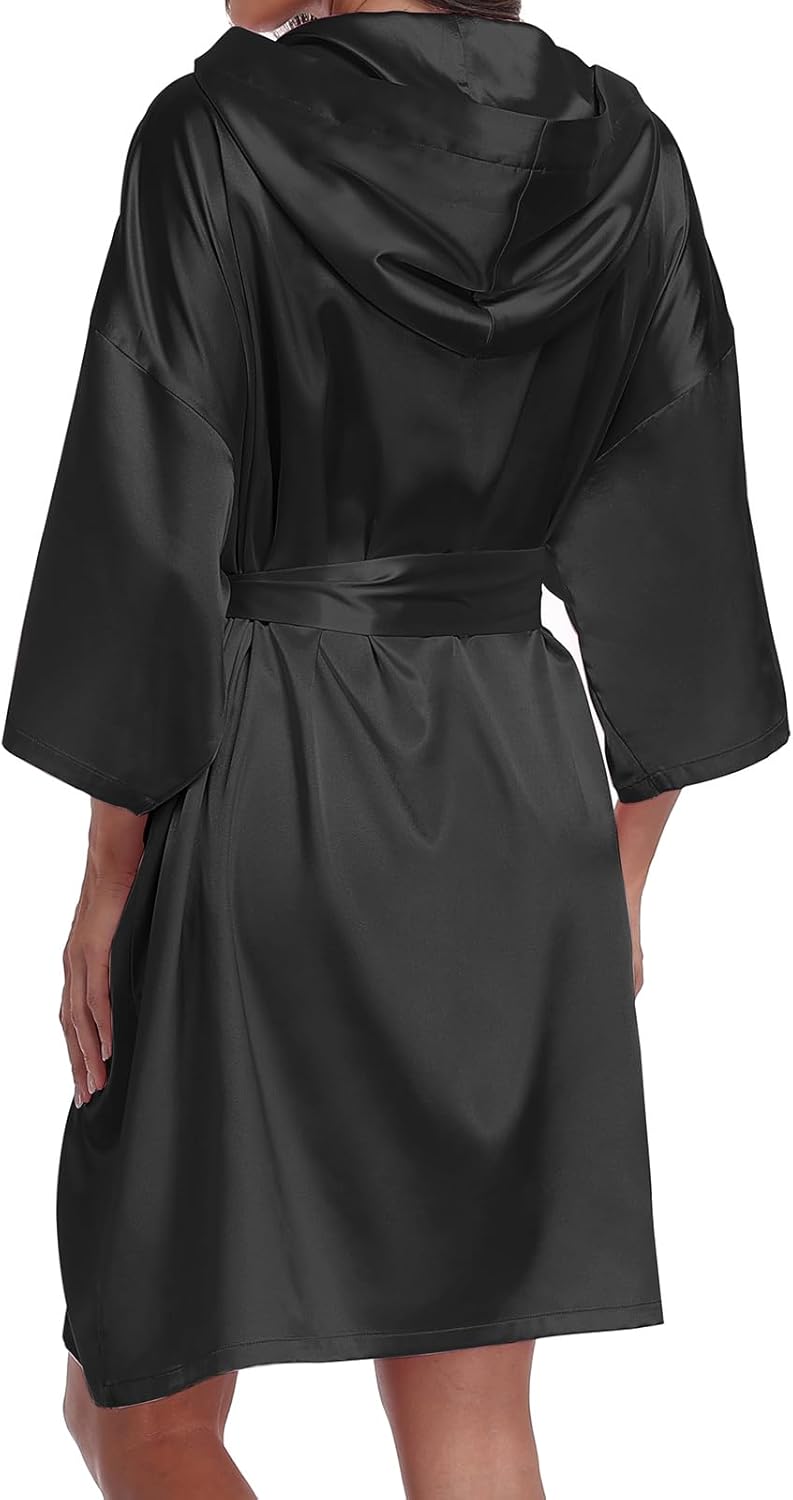 SeSe Code Womens Hooded Satin Robe with Built-in Eye Mask Silky Sleepwear with Snap Closure Bridal Travel Loungewear - Image 6
