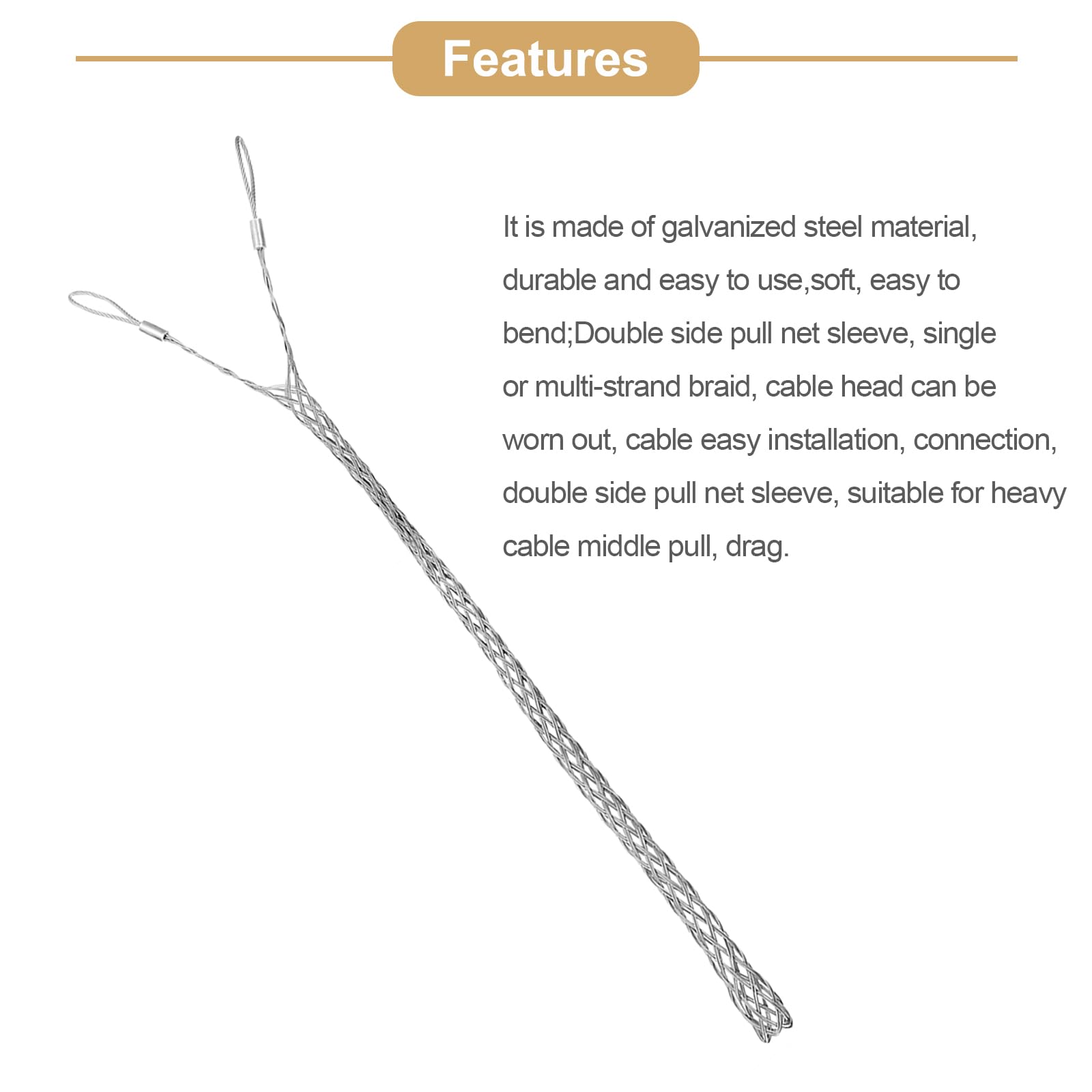 QUARKZMAN Kabelziehgriff 3FT Drahtgeflecht-Zieher-Socken-Griff Doppelter Kopf Verzinkter Stahl Drahtgriffe Netzabdeckung Glatt für leichte und schwere Kabel (d:25-37mm, Silber)
