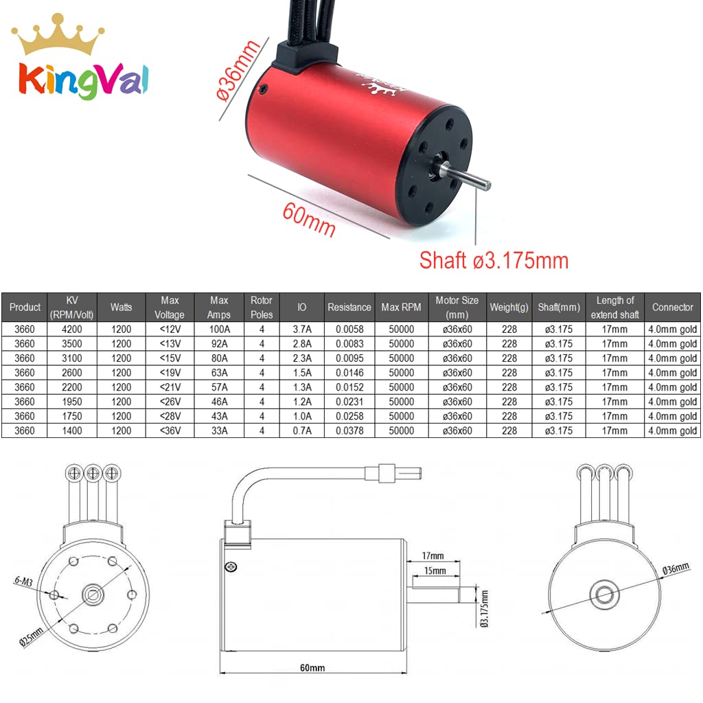KingVal Replacement 3660 1400KV Waterproof Brushless Motor Shaft 3.175mm Compatible with 1/10 RC Car - Image 2