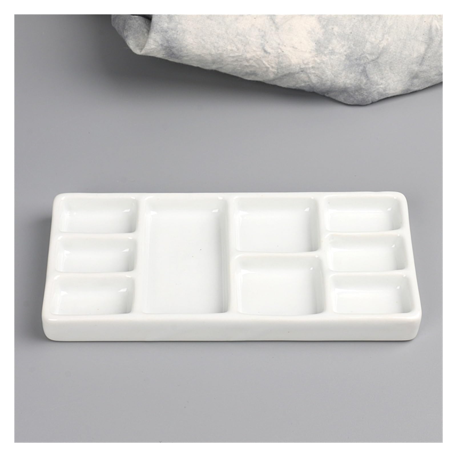 Ceramiczna 9-dołkowa paleta artysty, prostokątna taca do akwareli do akwareli gwasz akrylowy obraz olejny (Color : White)