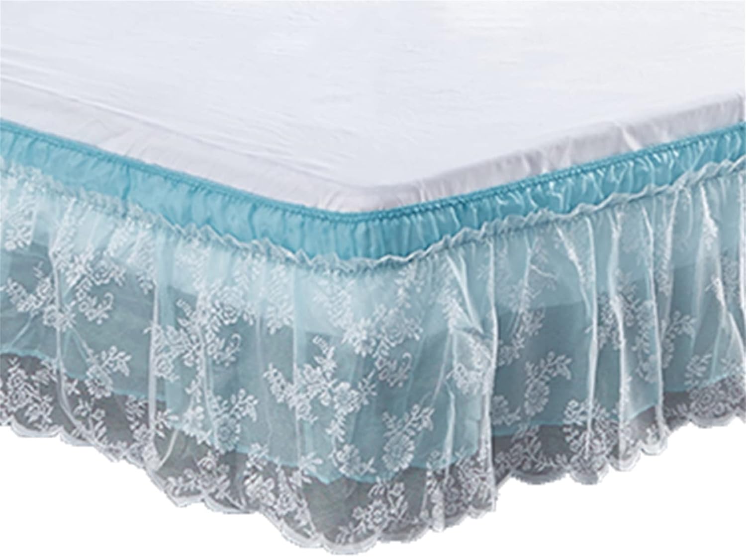 Elegant Lace Mesh Ruffled Bedskirt,Wrap-Around Bed Skirt Bed Sheet Case Dust Sheet,15.7" Drop