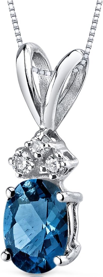PEORA 14K White Gold London Blue Topaz and Diamond Pendant for Women, Natural Gemstone Solitaire, Oval Shape, 7x5mm, 1 Carat total, December Birthstone Necklace, Gold Necklace, w/Jewelry Box