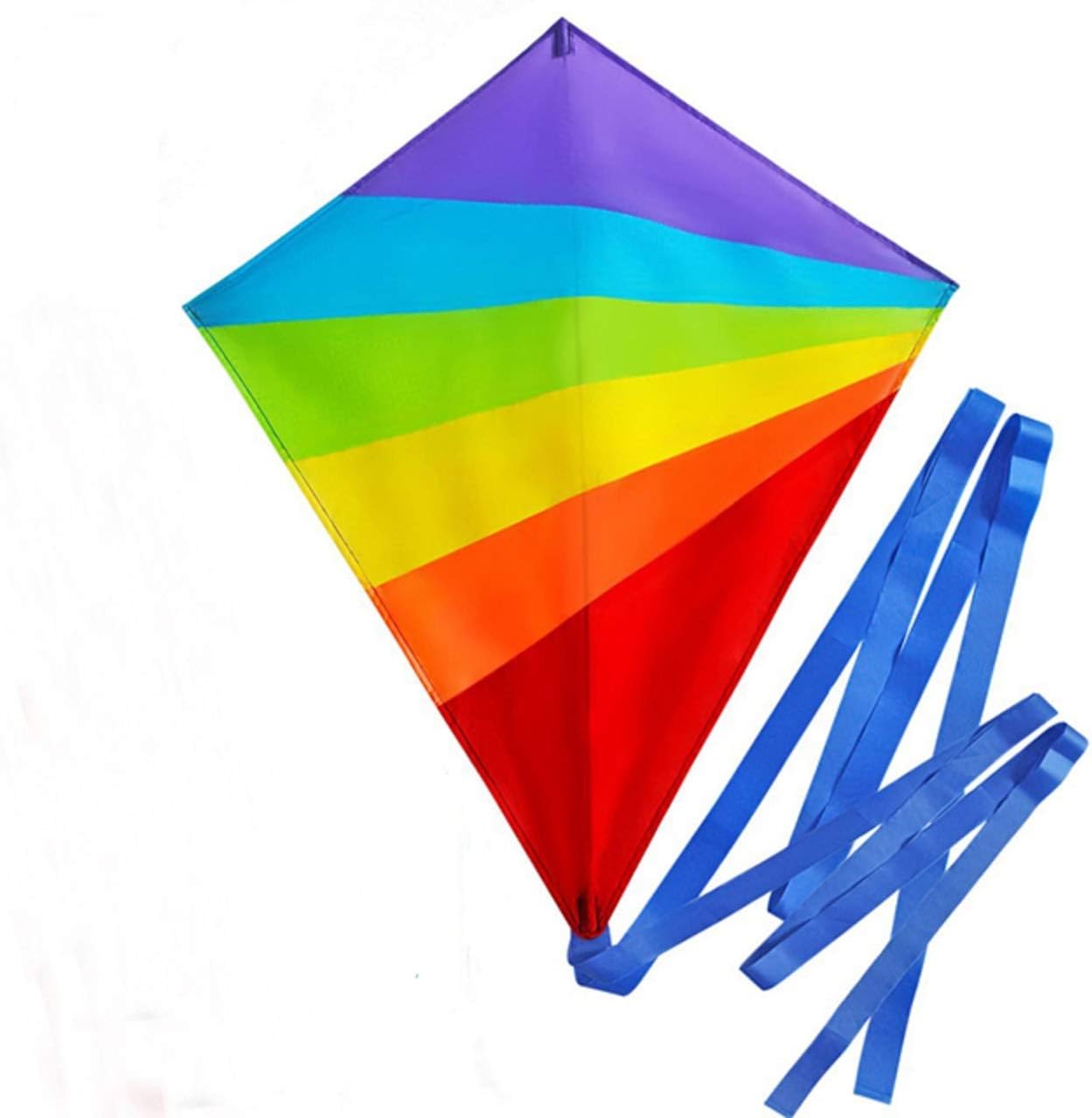 Colorful Large Diamond Kite for Kids with Long, Flowing Tails, Rainbow Colors and Durable Polyester Fabric, Includes Plastic Handle and 40 Meters of String for Girls, Boys