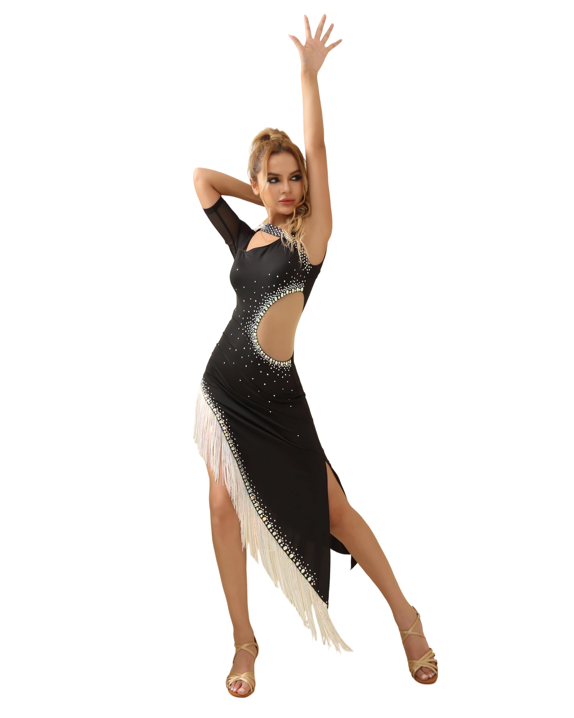 ROYAL SMEELA Vestito da Ballo Latino da Donna con Strass,Abito Salsa Frange,Vestiti Danza Tango Samba Rumba Design Irregolare Nero