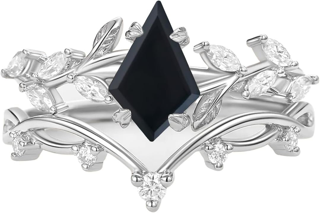 1ct 1.5ct 2ct Black Onyx Wedding Ring Set for Women - Kite Cut Black Onyx Bridal Sets Wedding Rings White Yellow Rose 10K 14K 18K Gold Sterling Silver Gem Art Deco Anniversary Promise Ring Set