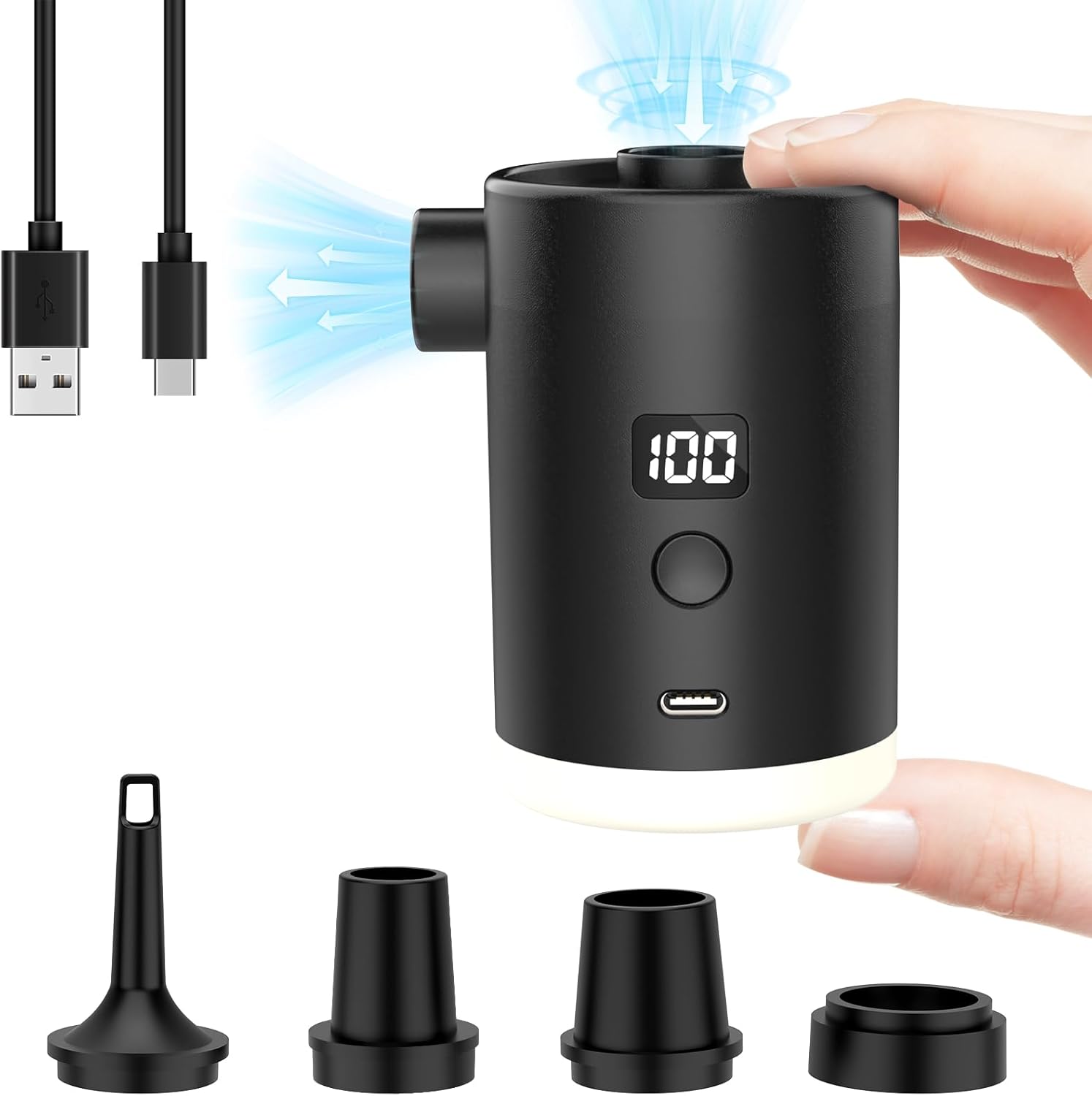 Bomba de aire portátil para inflables, mini bomba de colchón de aire con pantalla LED de luz de campamento, bomba de aire recargable USB para