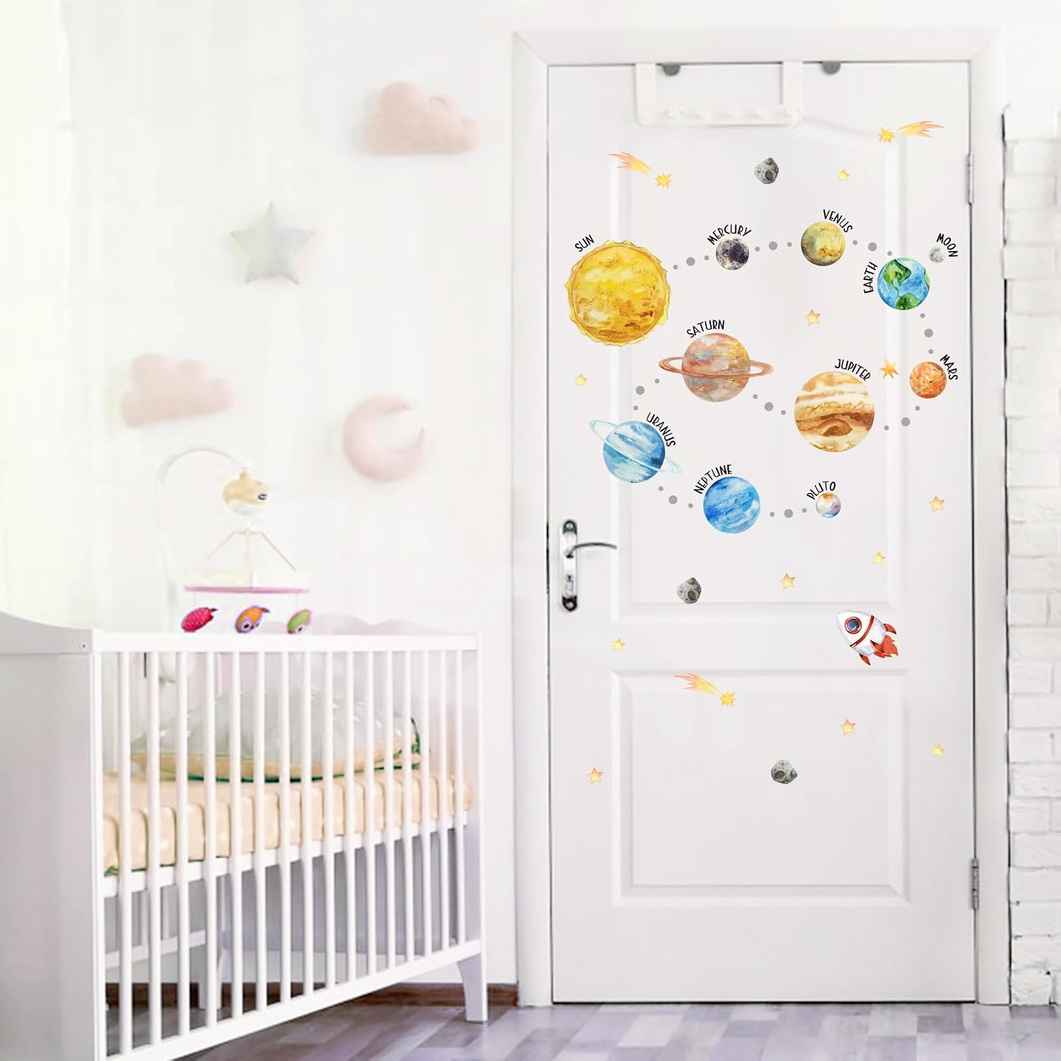 Mfault Watercolor Outer Space Galaxy Wall Decals Stickers, Solar System Sun Moon Planet Rocket Nursery Decorations Boys Bedroom Art, Universe Celestial Stars Baby Toddler Kids Room Playroom Decor