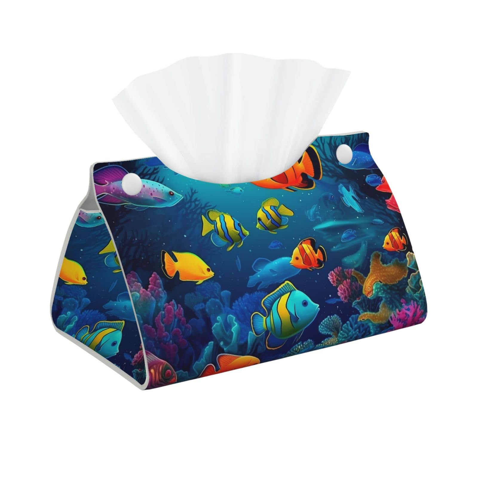 Rldobofe White Underwater World Colorful Fishes Tissue Box Cover Rectangle, Pu Leather Tissue Box Holder Stylish Facial Tissue Case Modern Decorative Facial Paper Organizer Dispenser For Tabletop, Bathroom, Car