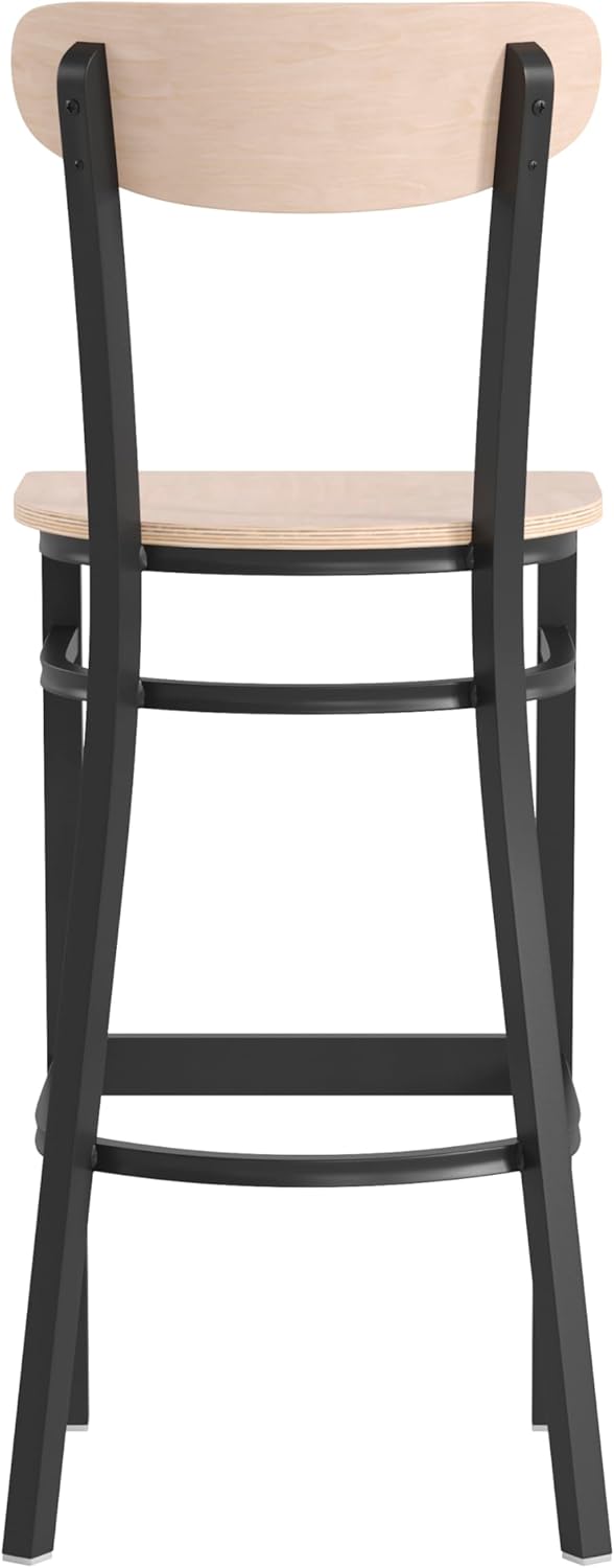 Flash Furniture Wright Commercial Grade Barstool - Natural Birch Finish Solid Wood Seat and Boomerang Back - 500 LB. Capacity Black Steel Frame - Integrated Footrest