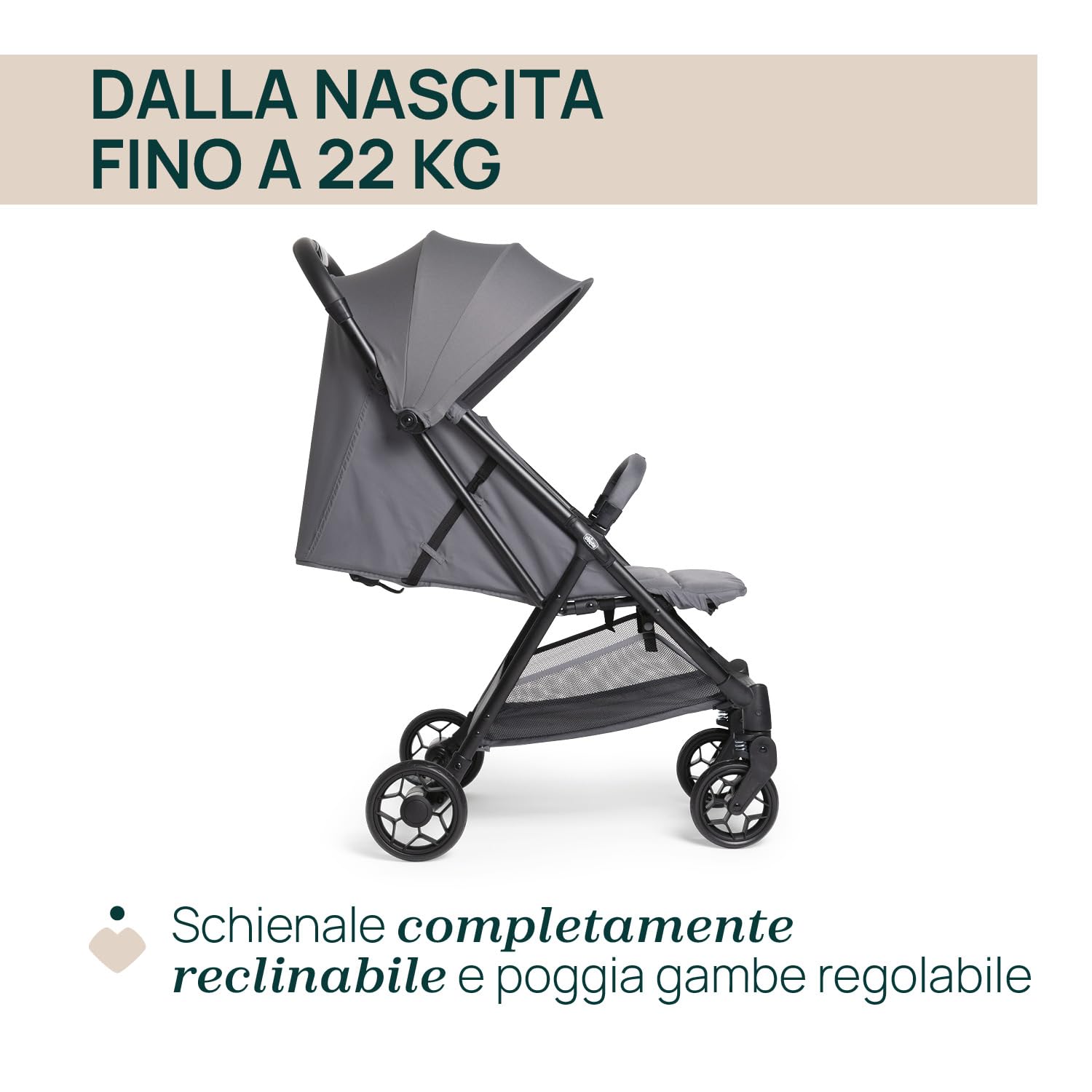 Chicco Urbino, Passeggino 0+ Mesi-22 Kg, Passeggino Leggero con Chiusura Smart e Compatta, Capotte Estensibile con Trattamenti UV50+ Antipioggia, Schienale Reclinabile, Regolabile, Poggiagambe, Grigio