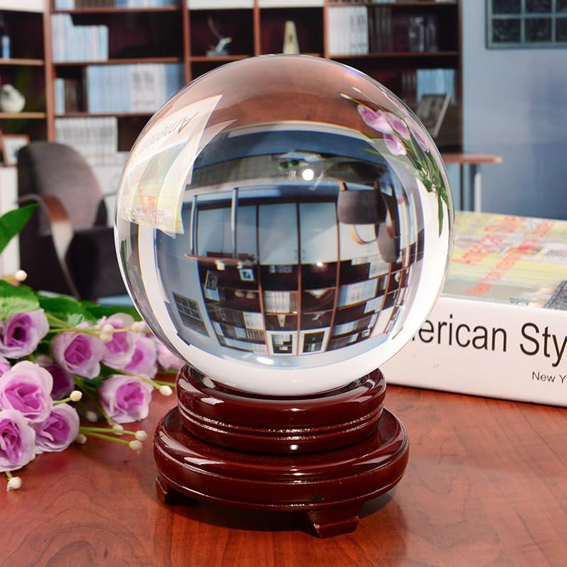 VKFOBXFUガラスボール:クリスタルボール K9 透明ボール ガラスボール 写真用透明クリスタルボール ラウンド木製ベース 写真