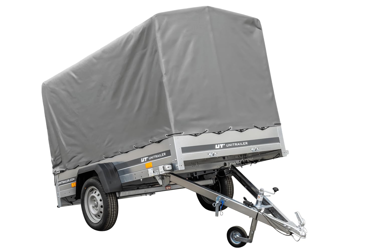 PKW Anhänger 230x125 – Garden Trailer 230 Kipp Unitrailer 750 kg, Stützrad, Plane 110 cm, Hochspriegel, Kippbare V‑Deichsel (unter Bodenplatte klappbar) – Aufbau aus feuerverzinktem Stahlblech