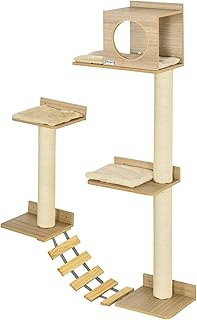 PawHut Wall Mounted Cat Tree with Scratching Post Condo Bridge Cushion Cat Climbing Shelves Furniture, Yellow