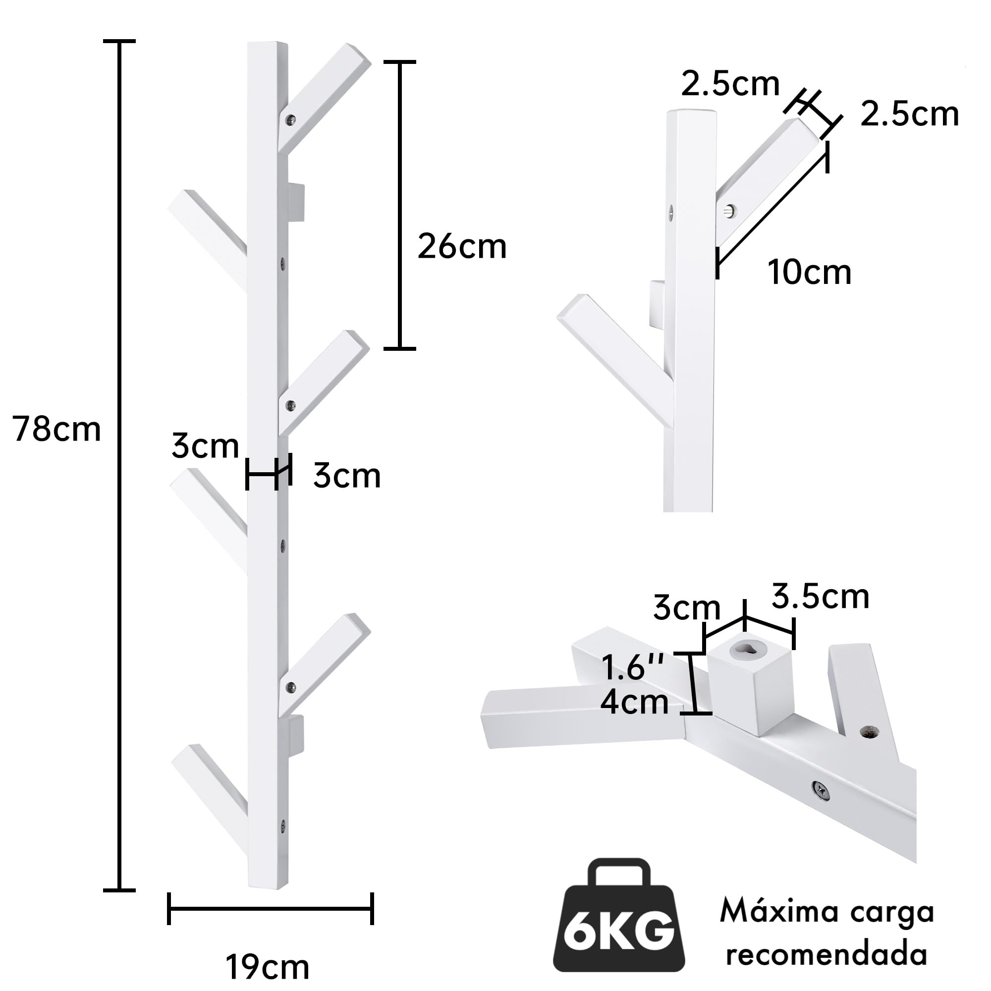 T-LOVENDO.ES Perchero de pared madera maciza de haya vertical 6 Ganchos. Moderno. Ideal recibidor, entrada, salón, dormitorio. Diseño moderno. (Blanco)