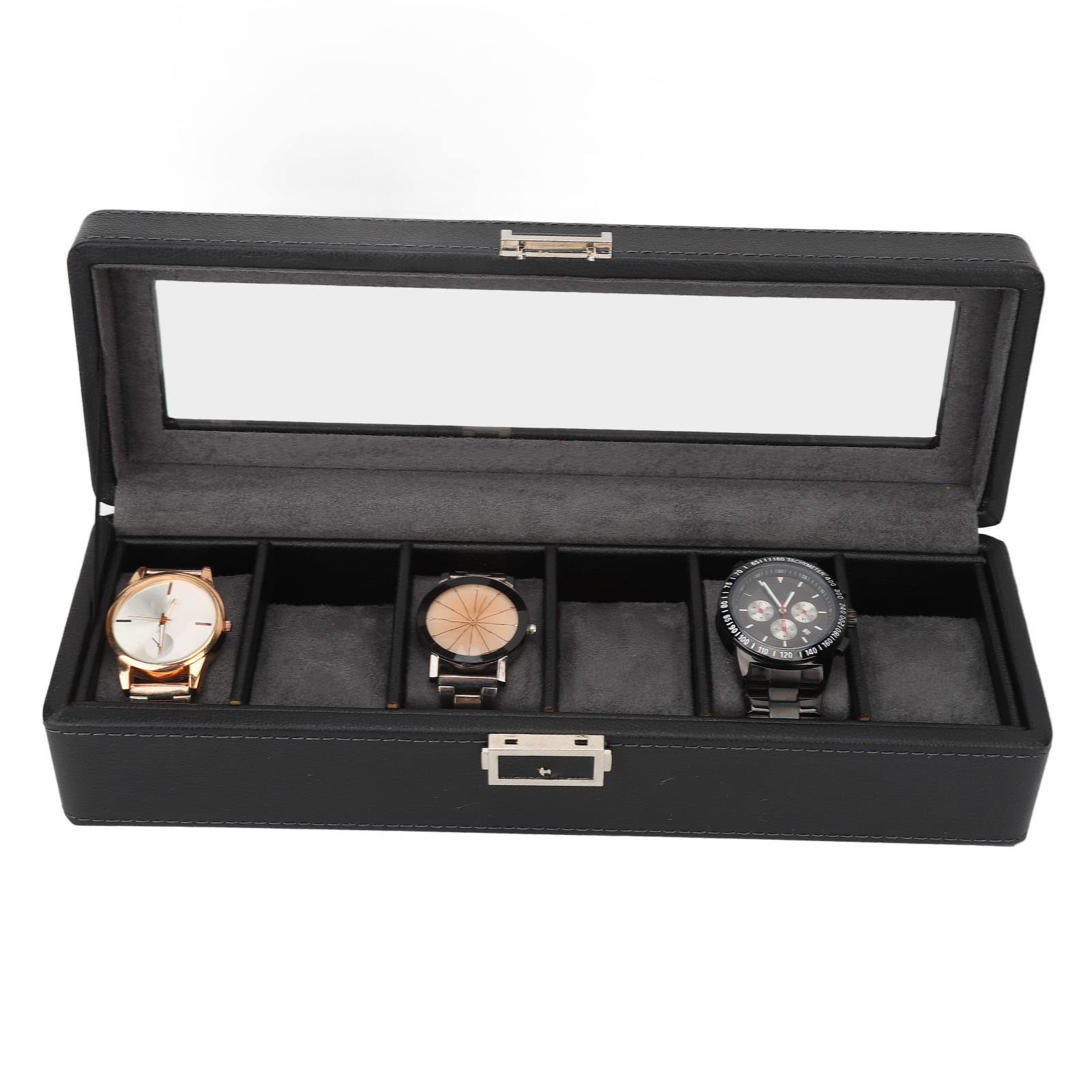 Uhrenbox mit 6 Fächern und Glasdeckel, einlagiges Schmuckaufbewahrungsgehäuse für Uhren, transparente Display-Box mit PU-Leder-Oberfläche für Wohndekor und Reisen