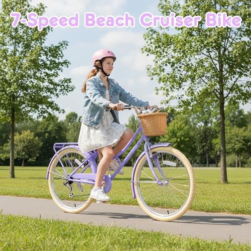 Image of XJD 20 24 26 Inch Girls Bike, 7-Speed Beach Cruiser Bike for Girls Youth and Over 6 Years Old, Kids Bicycles with Dual V-Brakes Rear Rack & Wicker Basket