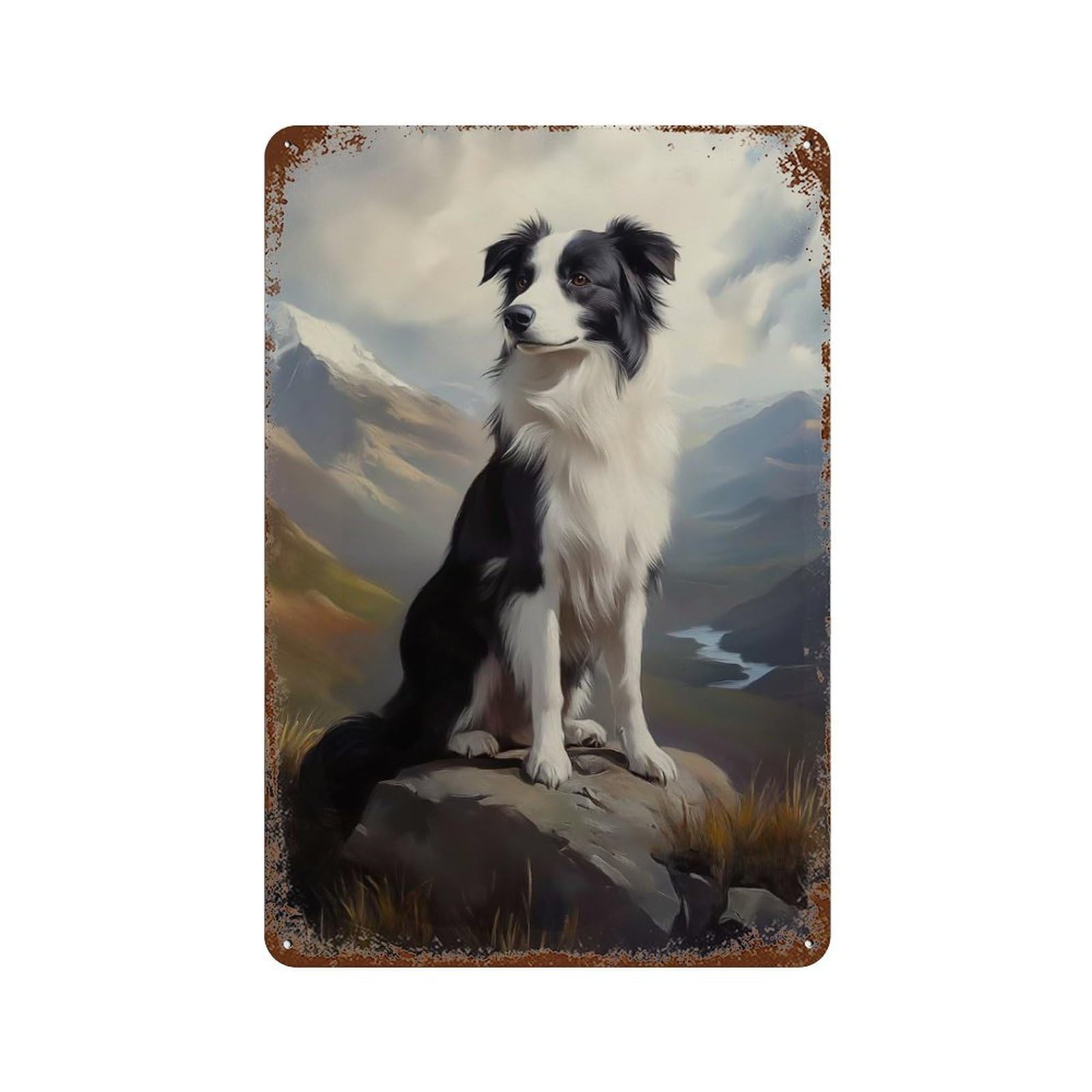 Rust Effect Border Collie Mountain Portrait Decorative Tin Sign 11.8"x7.9", Rustic Home Decor for Cafe, Home Bar And Lounge Decor