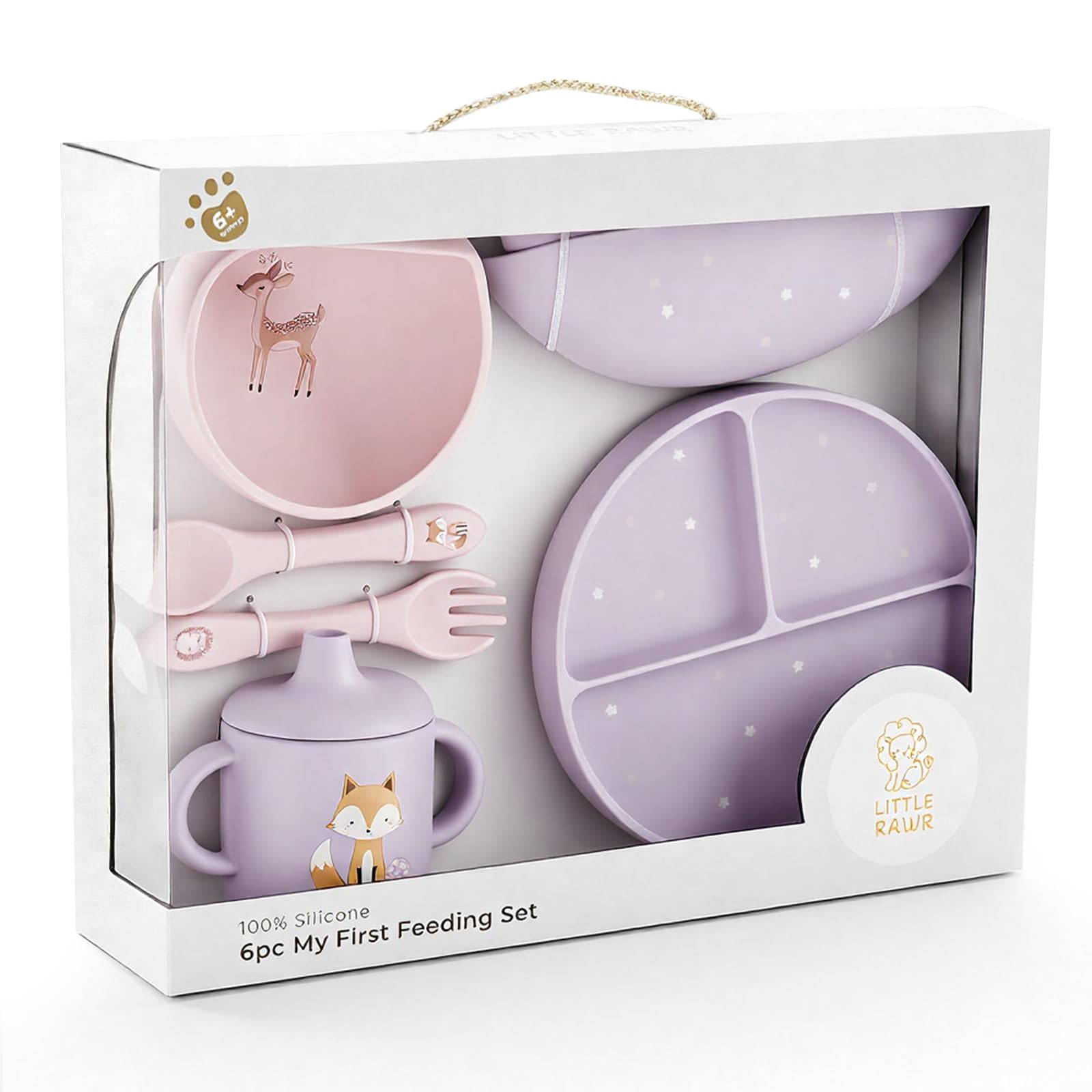 Little Rawr Baby Led Weaning Bundle, 100% Silicone Baby Feeding Set Includes Divided Plate, Suction Bowl, Straw Cup, Bib, Spoon & Fork, Develops Self Feeding Skills, Dishwasher Safe (Purple)-image-48
