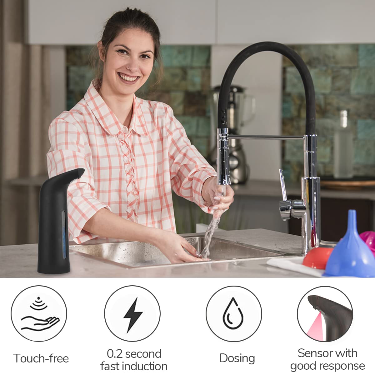 Automatic Soap Dispenser Touchless,400ml Touchless Liquid Soap Dispenser,Hands-Free Dish Soap Dispenser, IPX6 Waterproof Sensor, Auto Liquid Soap Dispenser for Bathroom Kitchen Hotel (Brown)