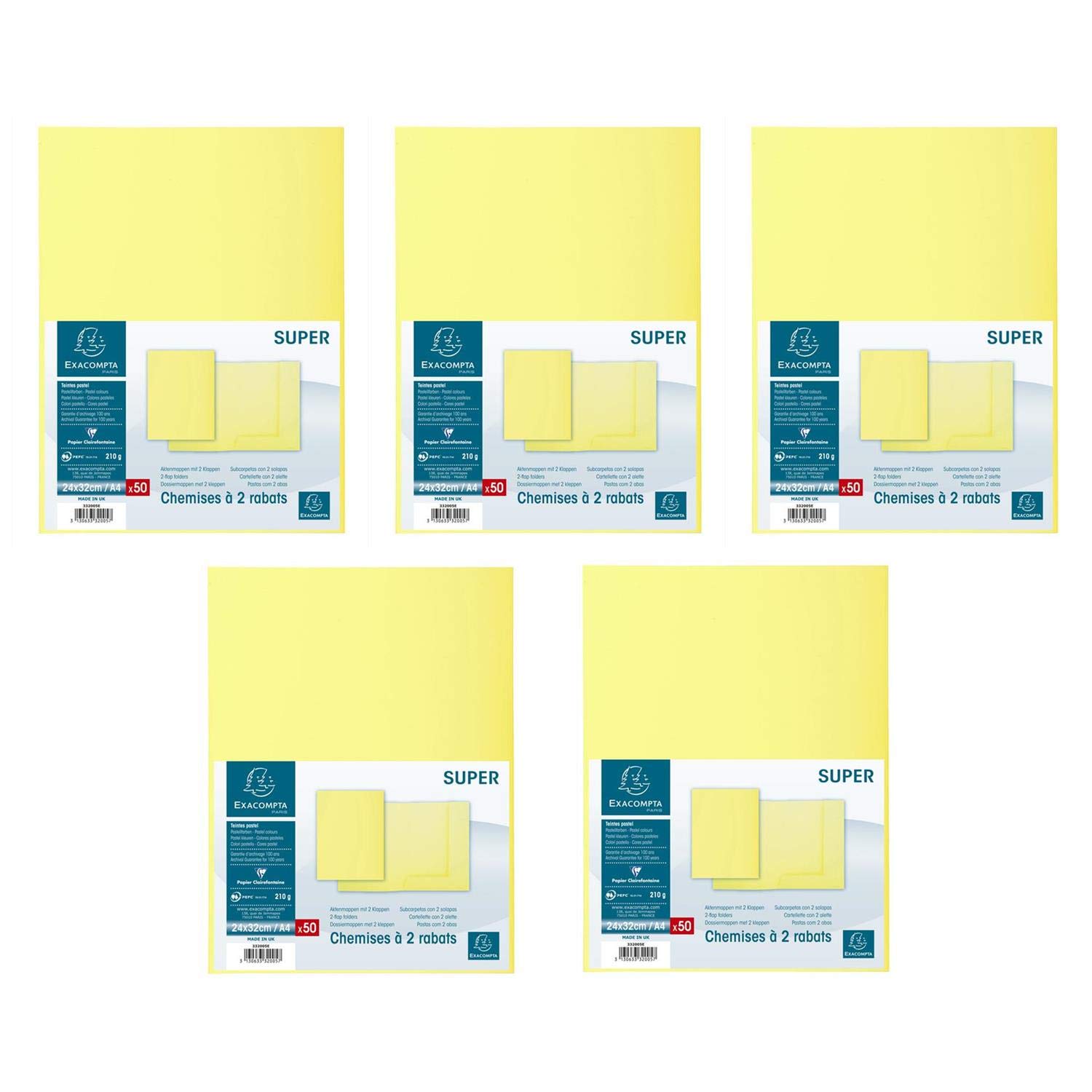 EXACOMPTA Lot de 5 Paquets de 50 chemises 2 rabats SUPER 210-24x32cm Jaune Canari
