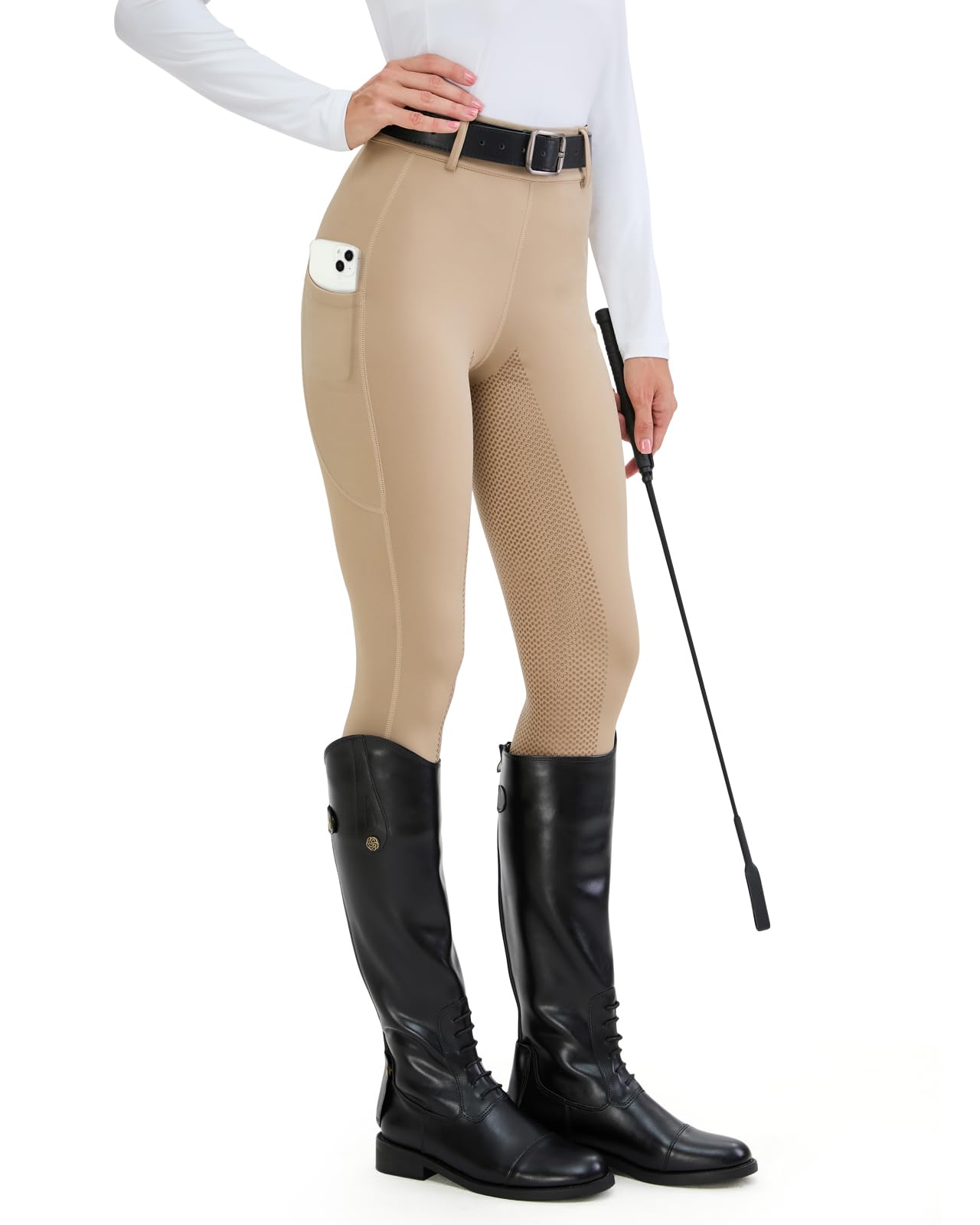 HMILES Damen Reitleggings Silikon Vollbesatz High Waist Elastische Reithose Damen mit Handytasche Gürtelschlaufen