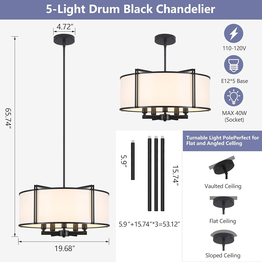 CWarmozy 19.6'' Black Drum Chandelier 5-Light Modern White