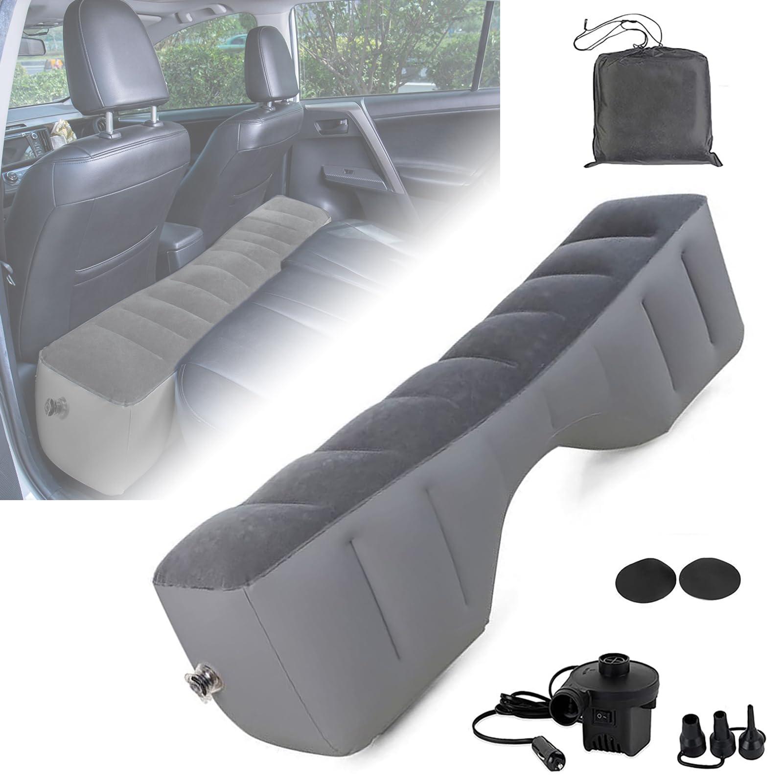 MEIRRAI Colchón Coche, Cama Hinchable Coche, Colchon Coche Asientos Traseros Ensanchar, Bomba de Aire Eléctrica, Accesorios Coche para Viajes, Camping