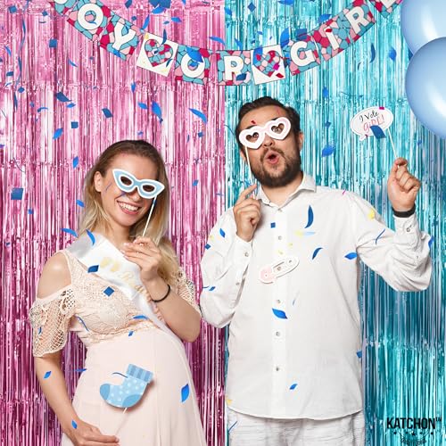 Image of KatchOn, Pink and Blue Streamers - 8 Ft, Pack of 2 | XtraLarge Gender Reveal Tinsel Backdrop for Pink and Blue Decorations | Gender Reveal Decorations, Baby Shower, Happy Birthday Decor