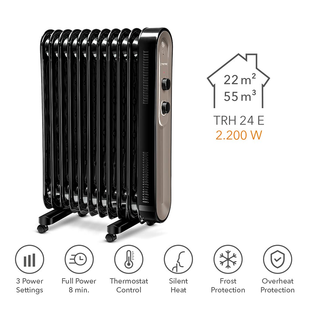 TROTEC TRH 24 E Grzejnik olejowy 3 stopnie grzania maks. moc 2200 W do pomieszczeń do 22 m² i 55 m³ energooszczędny i 8min czas rozgrzewania