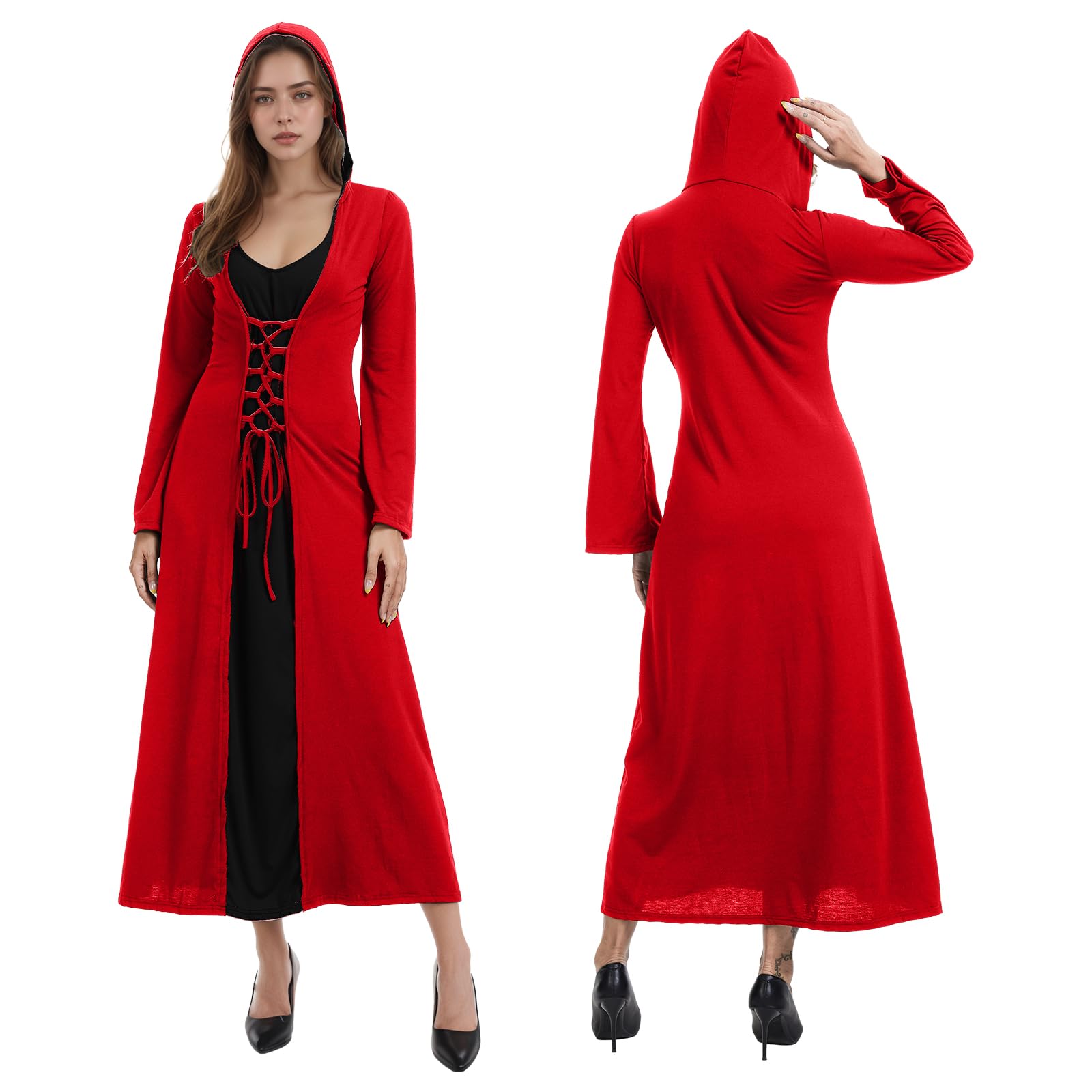 Damski kostium na Halloween, dla dorosłych, średniowieczny, z kapturem, sukienka maxi dla kobiet, modna szata Cosplay (M, czerwona i czarna)