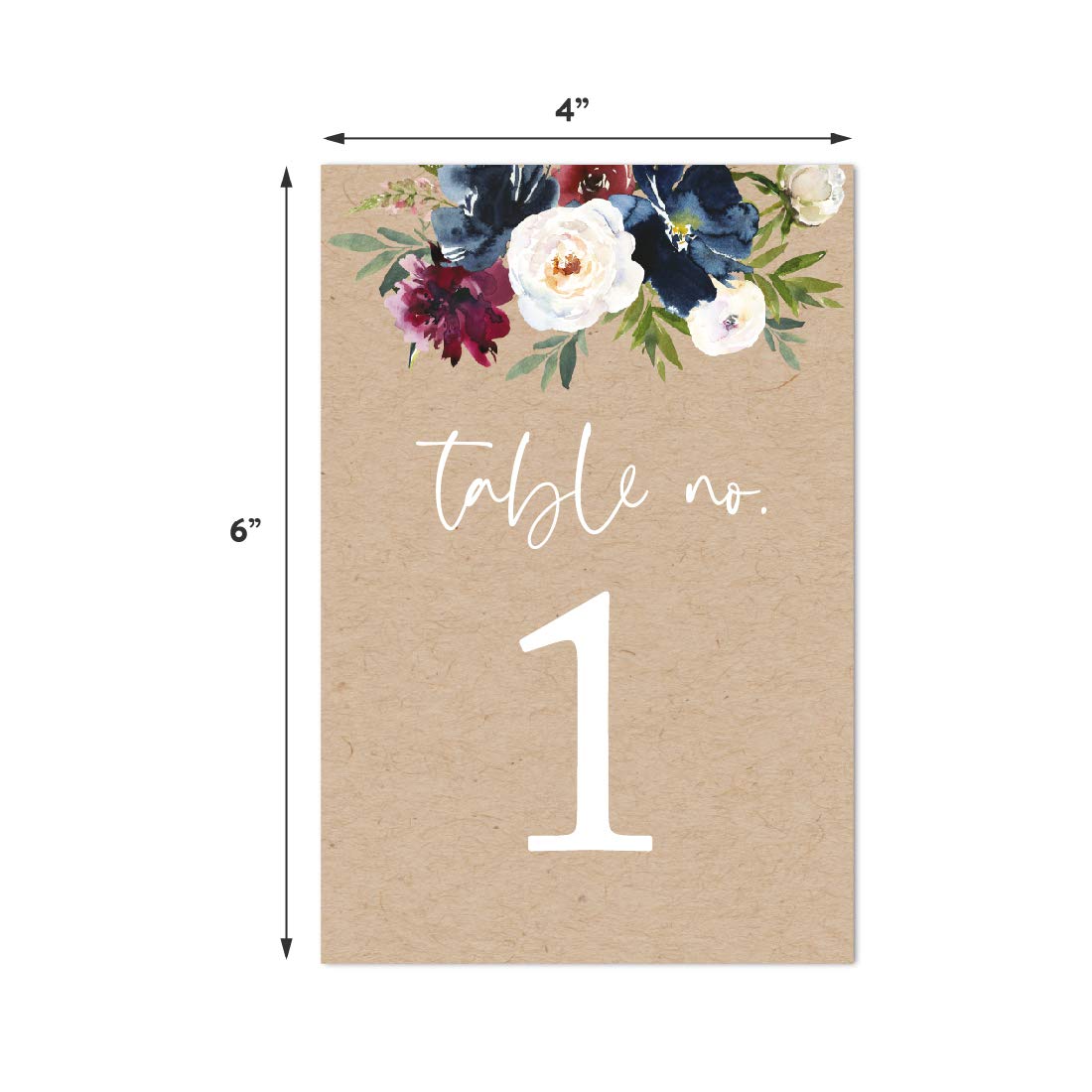 Andaz Press Kraft Brown with Burgundy Midnight Blue Florals Fall Wedding Party Collection, Table Numbers 1-20 on Perforated Paper, Single-Sided, 4X 6-inch, Floral Bouquet Graphic Design, 1 Set