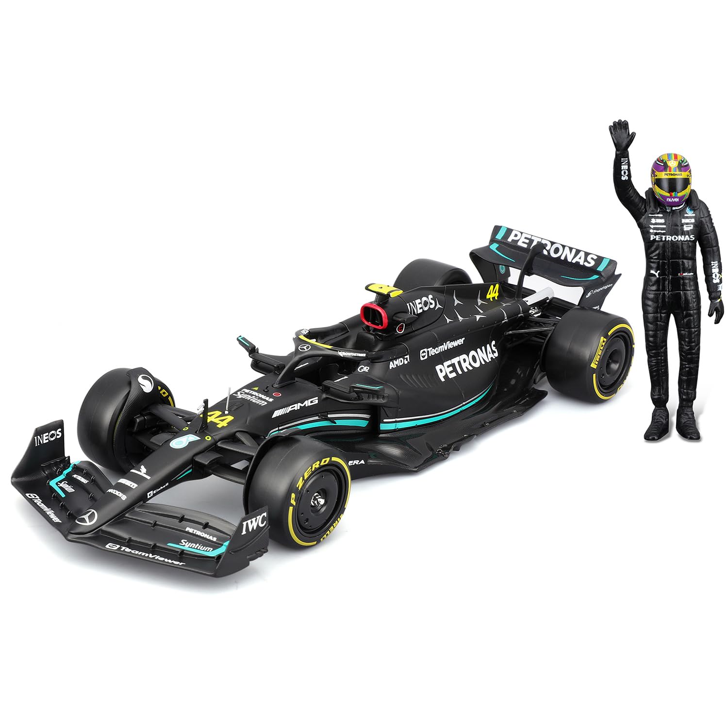 Bburago Mercedes AMG Petronas W14 Lewis Hamilton #44 2023 - Realistic 1:24 Scale Model Car and Lewis Hamilton Figure, Officially Licensed by Mercedes, Recommended Age 14+