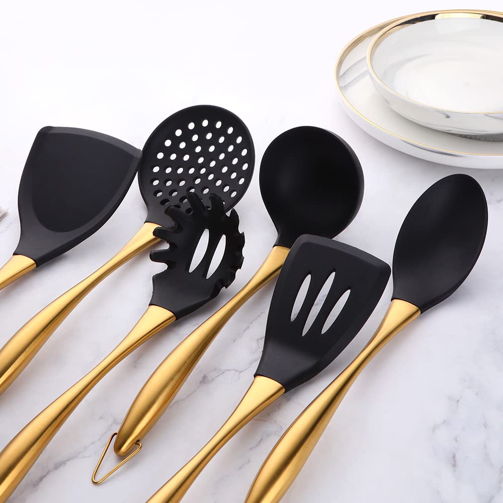 YDware Küchenutensilien-Set, 6-teilig, Silikon-Kochutensilien, Pfannenwender, hitzebeständige Werkzeuge, antihaftbeschichtetes Kochgeschirr mit Stahlgriff, goldfarben