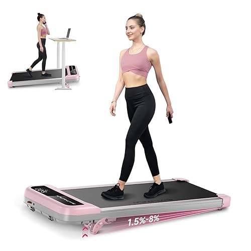 RHYTHM FUN Walking Pad Treadmill with Incline, Under Desk Treadmill with Incline, Treadmill for Home and Office, 300 Lbs Portable Treadmills with Remote Control - Pink Without Grip
