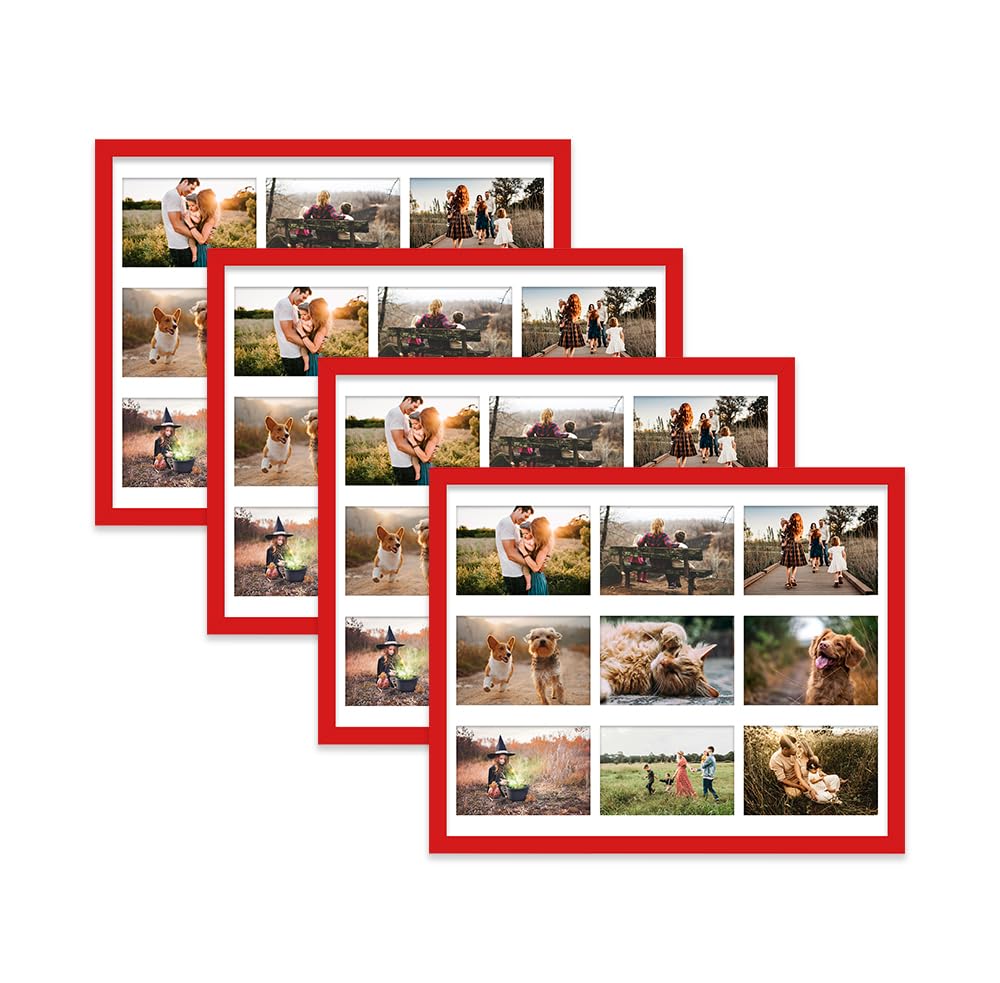 Red Multi Photo Frame - Holds 9 x 6x4 Pictures, Family Collage Picture Frame for Wall Display, 20x16 Frame size, Set of 4