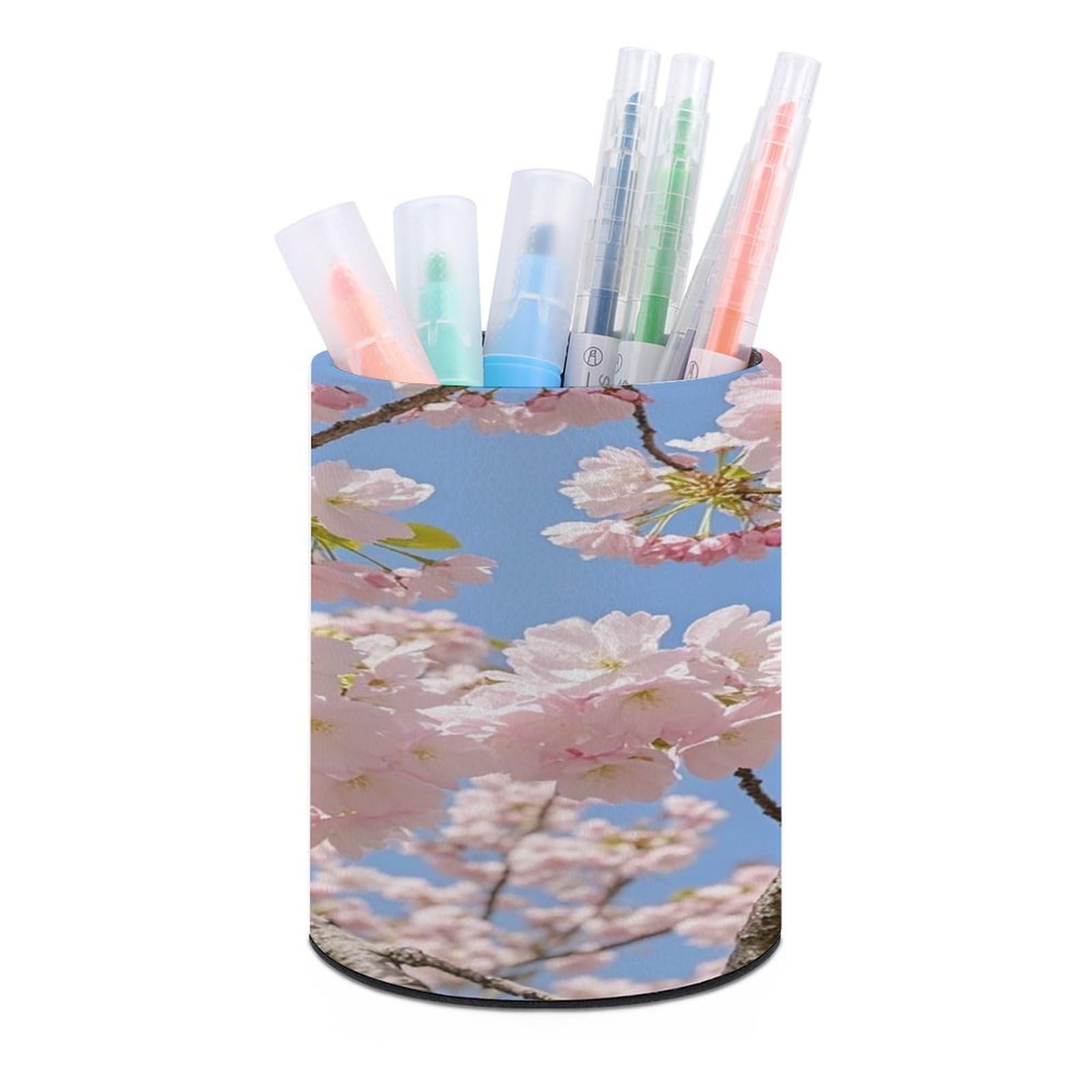 FekiLoot Round Cherry Blossom Pen Holder for Desk PU Leather Waterproof Pencil Cup Stand Minimalist Makeup Brush Storage Organizer Desktop Stationery Container Accessorires
