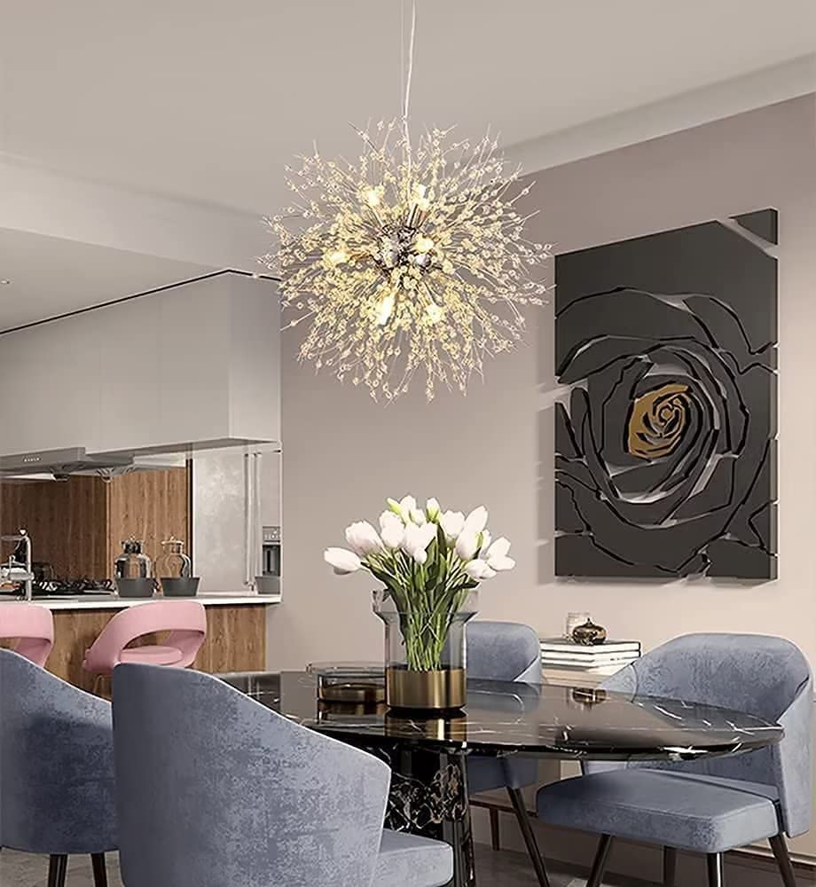 Lampadario di cristallo, dente di leone d'argento, lampadario a 9 luci con fuoco d'artificio per soggiorno, sala da pranzo, isola della cucina, lampadina G9 inclusa