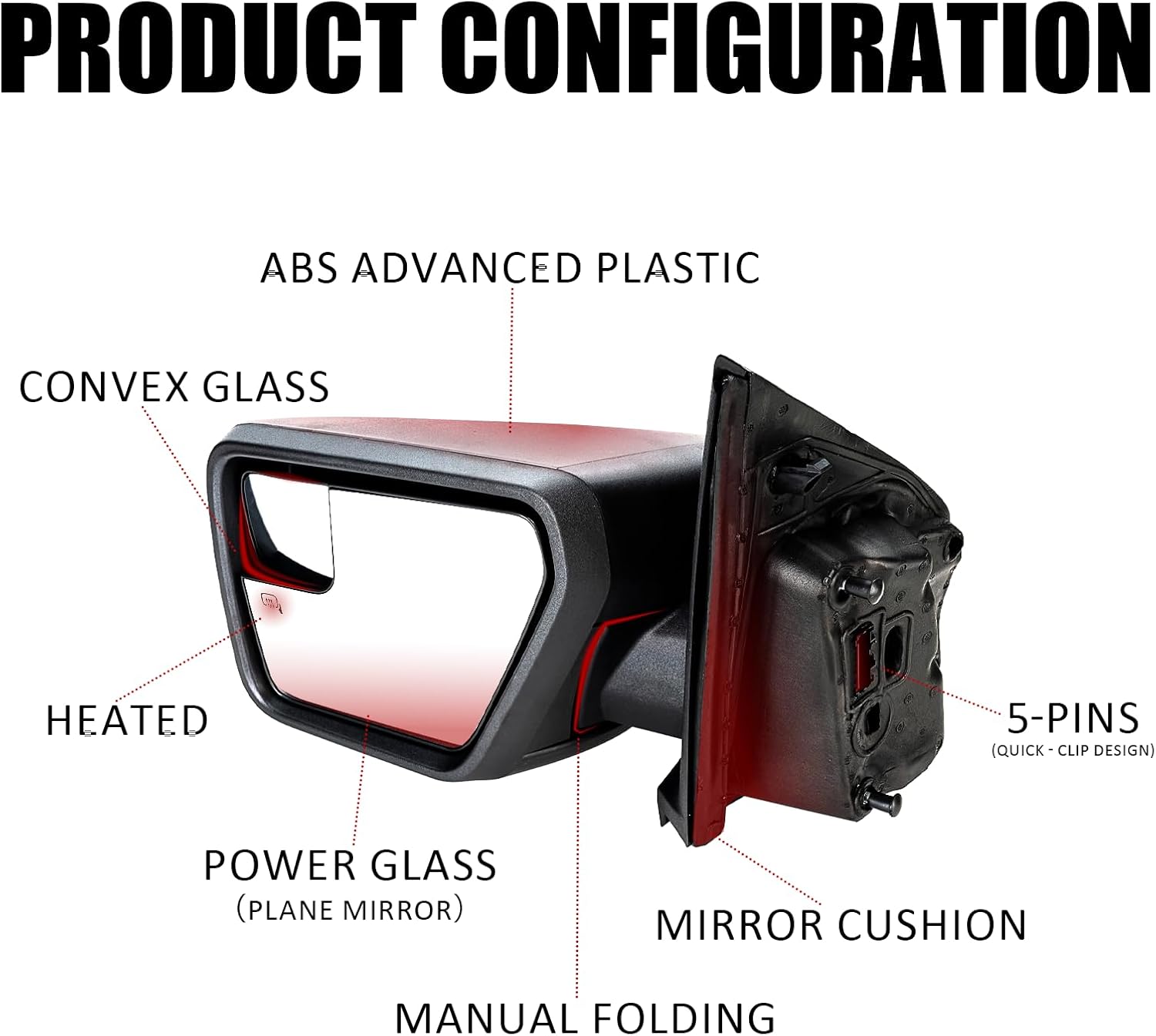Left Driver Side Mirror for 2021 2022 2023 2024 2025 F150 (Power Glass 丨Manual Folding丨Heated丨Matte Black丨5-PINS) | Replaces #ML3Z17683UA